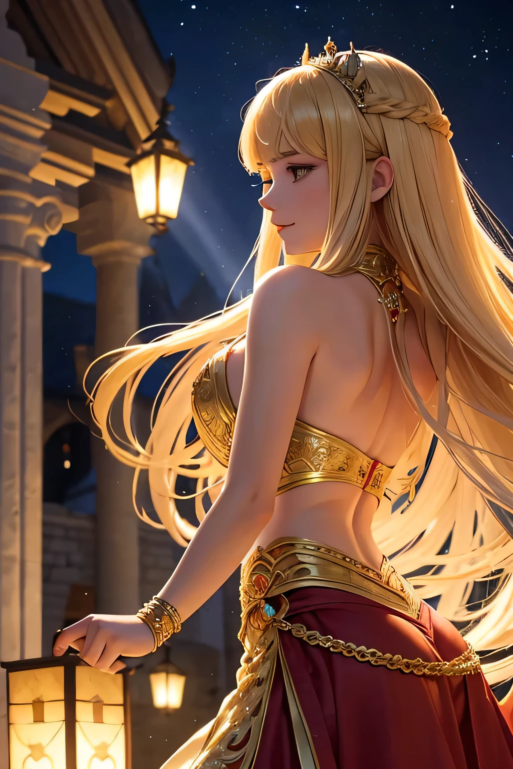 "A beautiful blonde princess with long hair performs a traditional dance under the moonlight in the grand courtyard of Camelot, the capital of Albion Kingdom. She wears a stunning medieval-style gown made of luxurious velvet, adorned with intricate gold embroidery. The courtyard is illuminated by torches and the soft glow of lanterns, casting a warm, magical light on the scene. The grand stone buildings and lush gardens create a majestic backdrop. The princess's graceful movements and radiant smile captivate the crowd, who watch in awe, clapping and cheering under the starry night sky.",(((Upper body)))