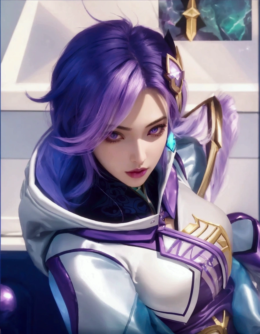 a close up of a woman with purple hair and a purple outfit, portrait knights of zodiac girl, kda, irelia, artgerm jsc, ashe, seraphine ahri kda, portrait of rung, sigma female, extremely detailed artgerm, ig model | artgerm, leblanc, knights of zodiac girl