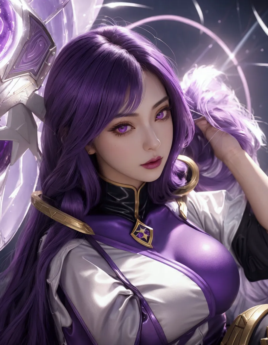 a close up of a woman with purple hair and a purple outfit, portrait knights of zodiac girl, kda, irelia, artgerm jsc, ashe, ser...