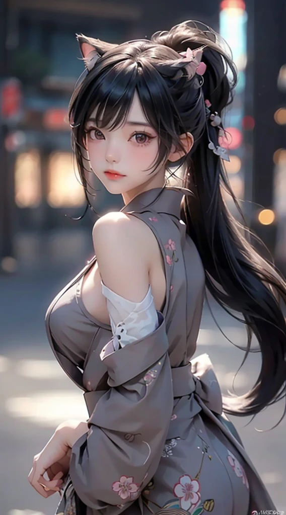 1catgirl, cute face,pretty face, jaw dropping beauty, cute cat girl, cute kimono, pony tail realistic cat ears, black hair ((ultra high detailed 1.9)),((ultra high resolution 1.9)),((ultra high quality 1.9)),(masterpiece)), (perfect lightings), (very Big breasts 1.9)), ultra huge breast, showing her body , pussy is visible 