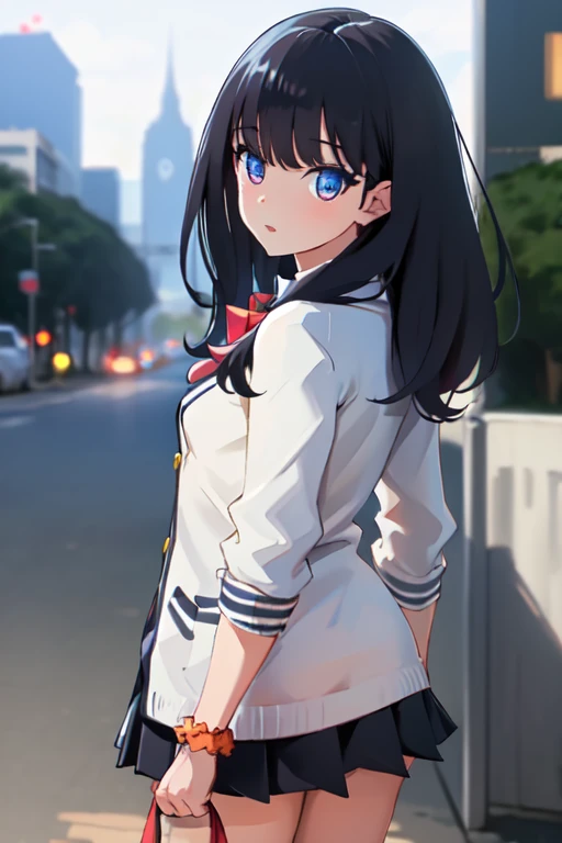  ultra-detailed,
master piece,best quality,high resolution,
beautiful eyes,detailed eyes,detailed face,
beautiful detailed eyes,symmetrical clear eyes,
1girl,back track rich, Black Hair, alone, blue eyes, Wrist scrunchies, Long Hair, Red socks, , Black Skirt, bangs, Pleated skirt, Orange Scrunchie, Red Bow, White cardigan, Long sleeve, bow tie, loafers, White shirt, mini skirt, White sweater, Small breasts,