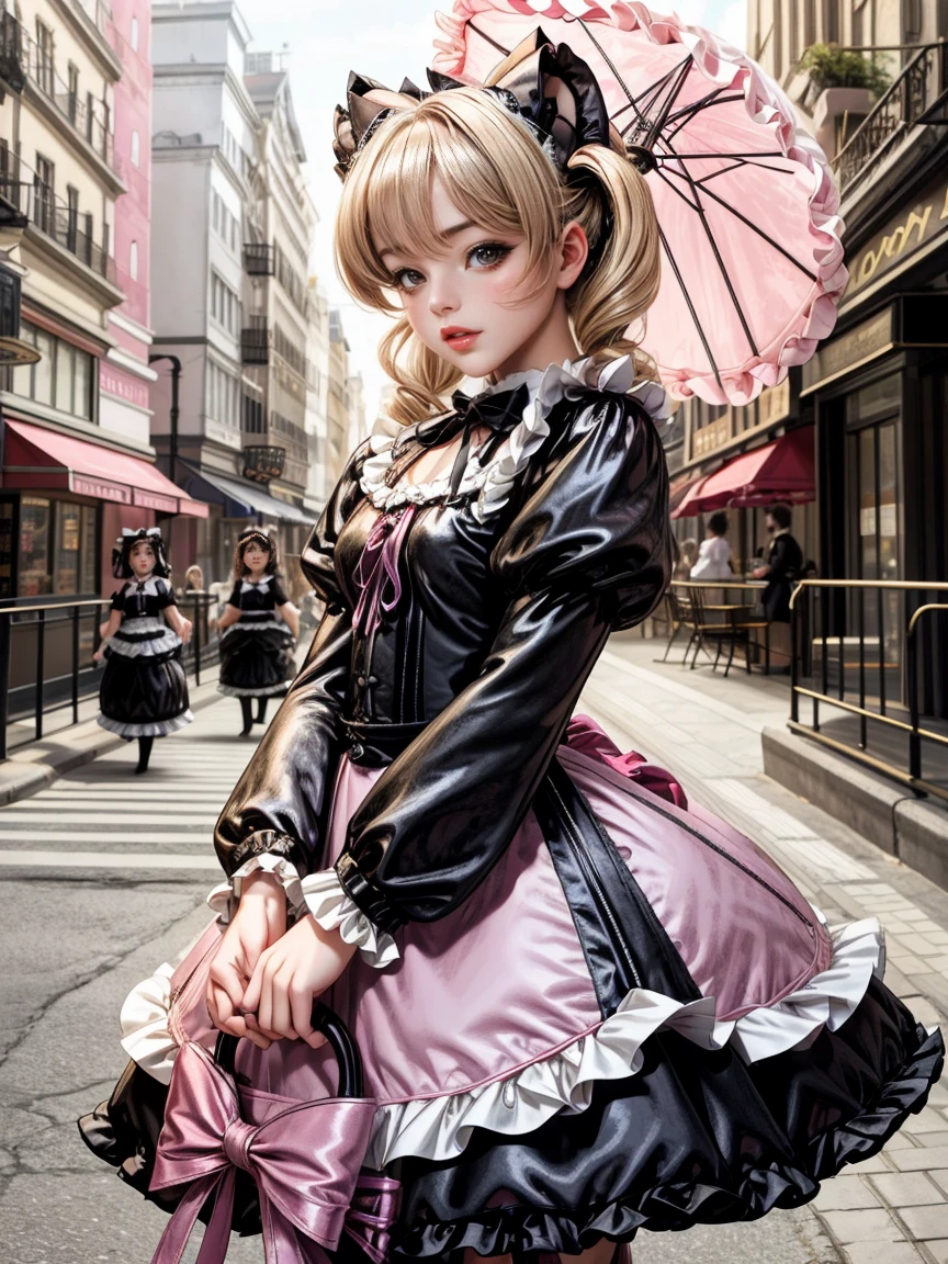 Amazing details, 8k photos, Hyperrealism, Professional Light, Realistic Background, Visual depth, Background blur, Wide-angle lens, whole body, (13 years old, cute, change, Flat Chest, Cat ear), One girl, Colored eyes, Blonde, (Lolita fashion: 1.5), (race, Frilled shirt, White petticoat, sneakers), (stuffed toy), pink cute backpack, street, fashion