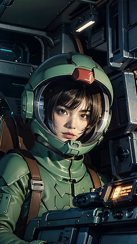 ruriko midorikawa、mundo cockpit、zeon pilot、pilot suit、upper body、cockpit of a giant robot、