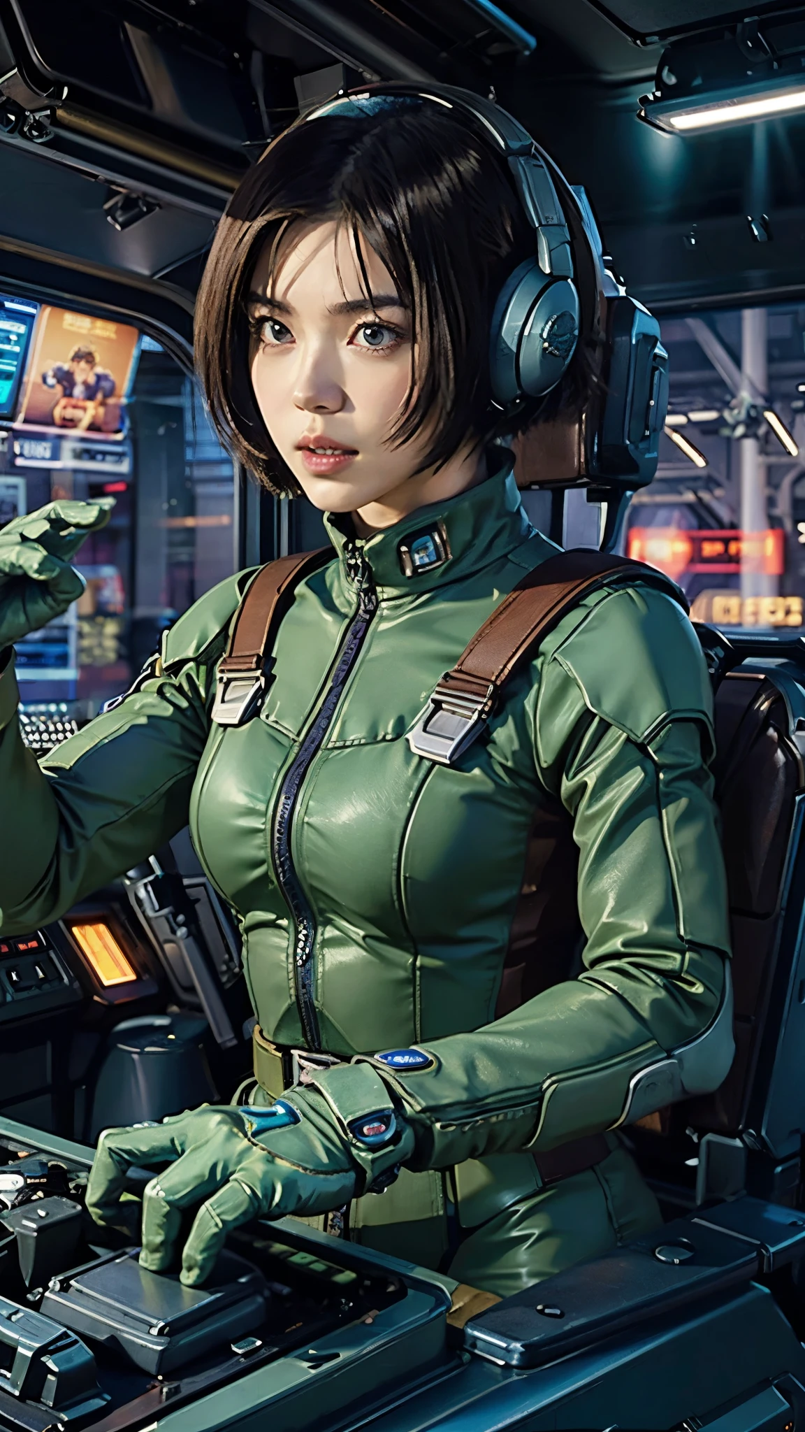 
Ruriko Midorikawa、Mundo Cockpit、Zeon Pilot、Pilot Suit、Upper Body、Cockpit of a giant robot、Grip the control stick。
