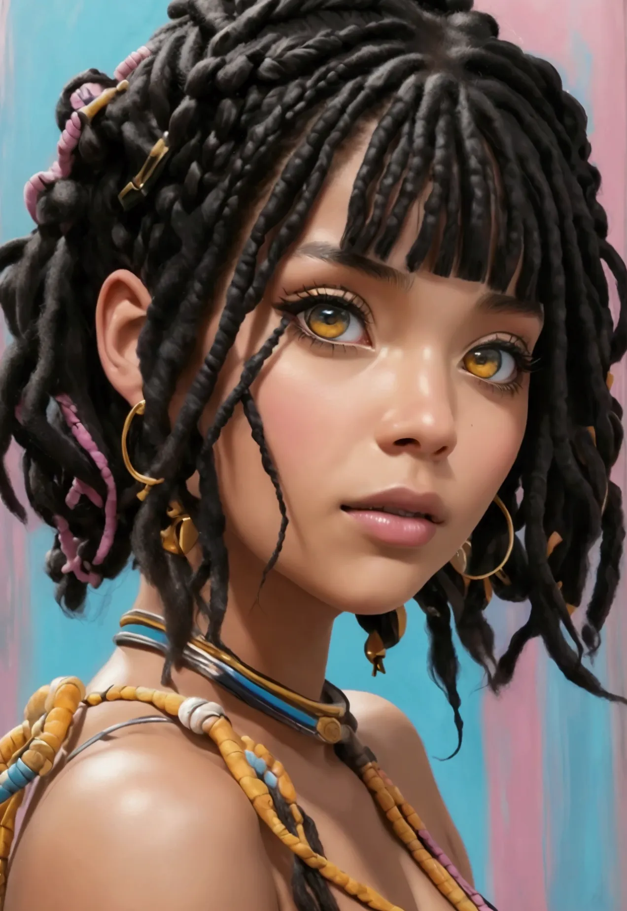 1 girl 23 old years dreadlocks,( full body) black hair, amber eyes, excited, uhd, masterpiece, anatomically correct, super detai...