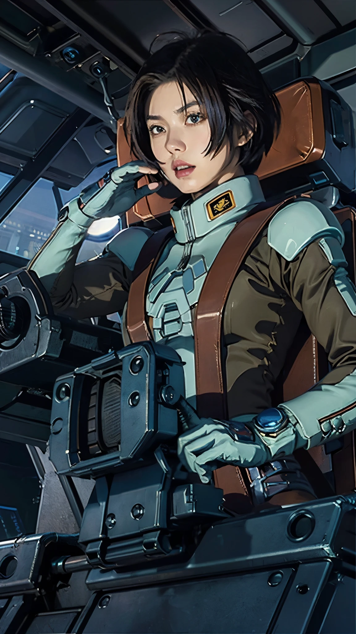 Ruriko Midorikawa、Mundo Cockpit、Zeon Pilot、One beautiful woman、solo、Upper Body、Cockpit of a giant robot、Grip the control stick。