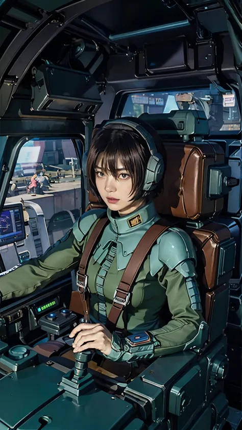 ruriko midorikawa、mundo cockpit、zeon pilot、one beautiful woman、solo、upper body、cockpit of a giant robot、grip the control stick。