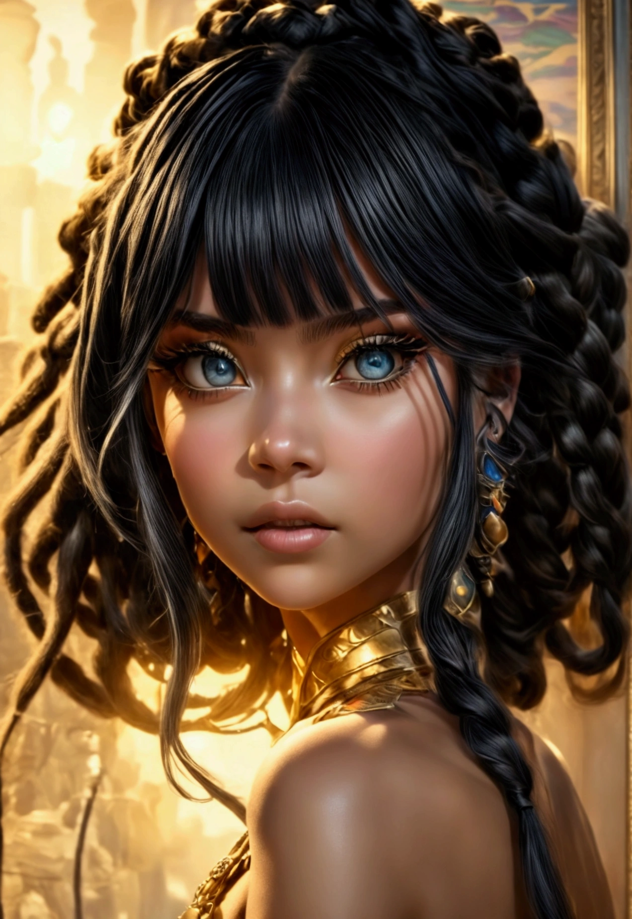 1 girl 23 old years dreadlocks,( full body) black hair, amber eyes, excited, UHD, masterpiece, anatomically correct, super detail, high quality, high details, best quality, highres, HD, 16k, , in the style of Quentin Tarantino, Pastel, Modern, --c 51