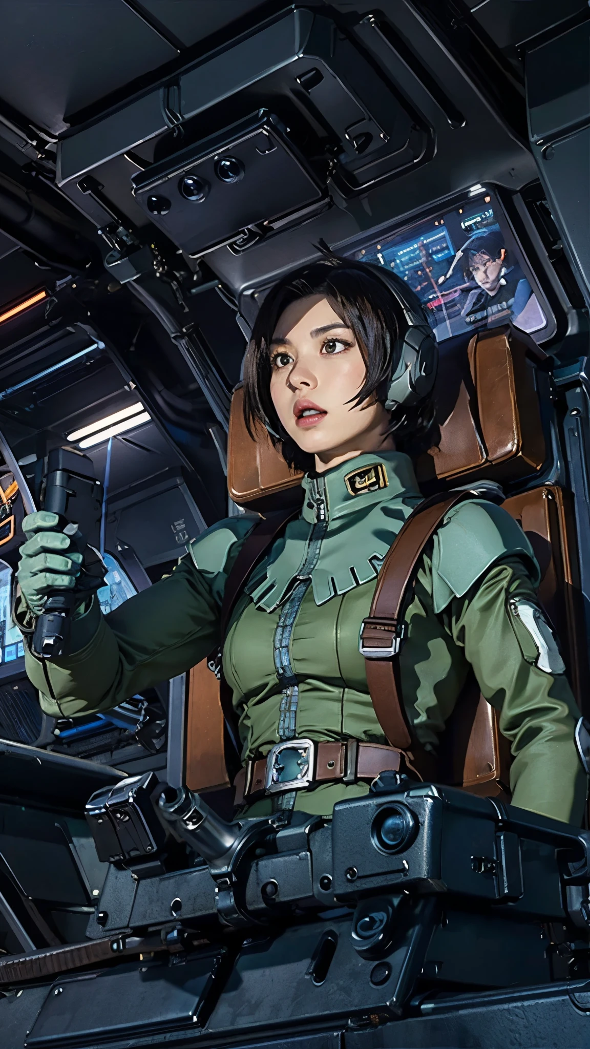 Ruriko Midorikawa、Mundo Cockpit、Zeon Pilot、One beautiful woman、solo、Upper Body、Cockpit of a giant robot、Look up、Grip the control stick。