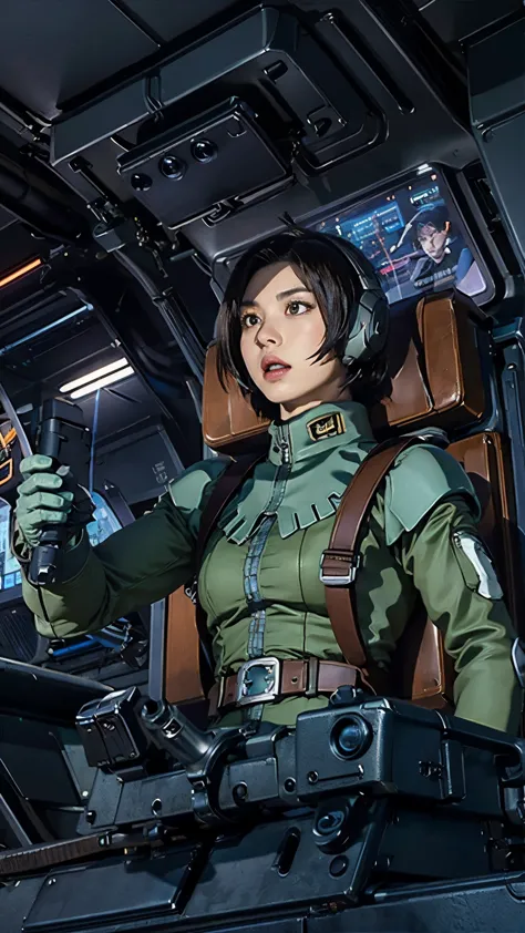 ruriko midorikawa、mundo cockpit、zeon pilot、one beautiful woman、solo、upper body、cockpit of a giant robot、look up、grip the control...