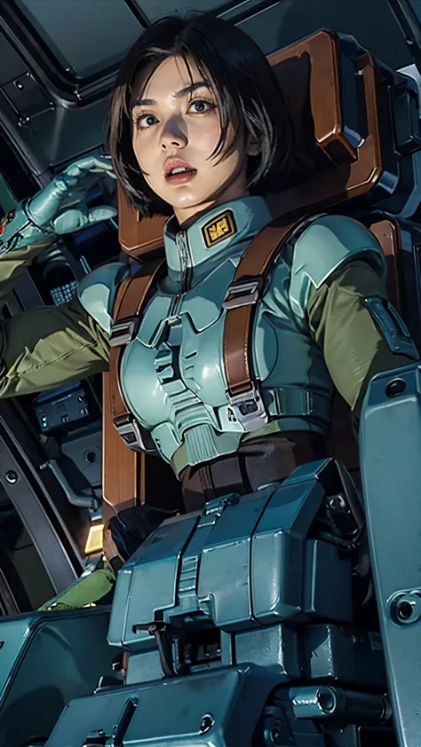 ruriko midorikawa、mundo cockpit、zeon pilot、one beautiful woman、solo、upper body、cockpit of a giant robot、look up、grip the control...