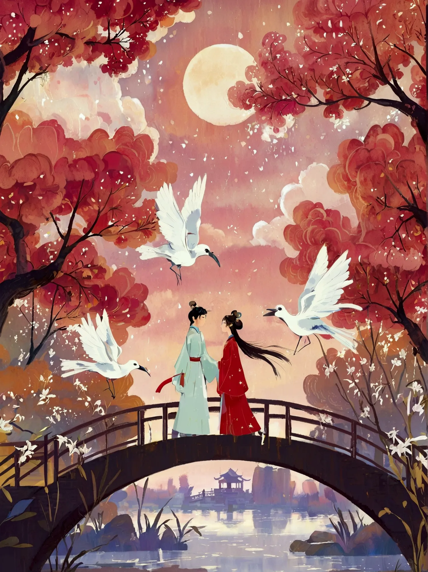 in ancient chinese love stories, the poster depicts two people, the cowherd and the weaver girl, standing on an elegant bridge w...