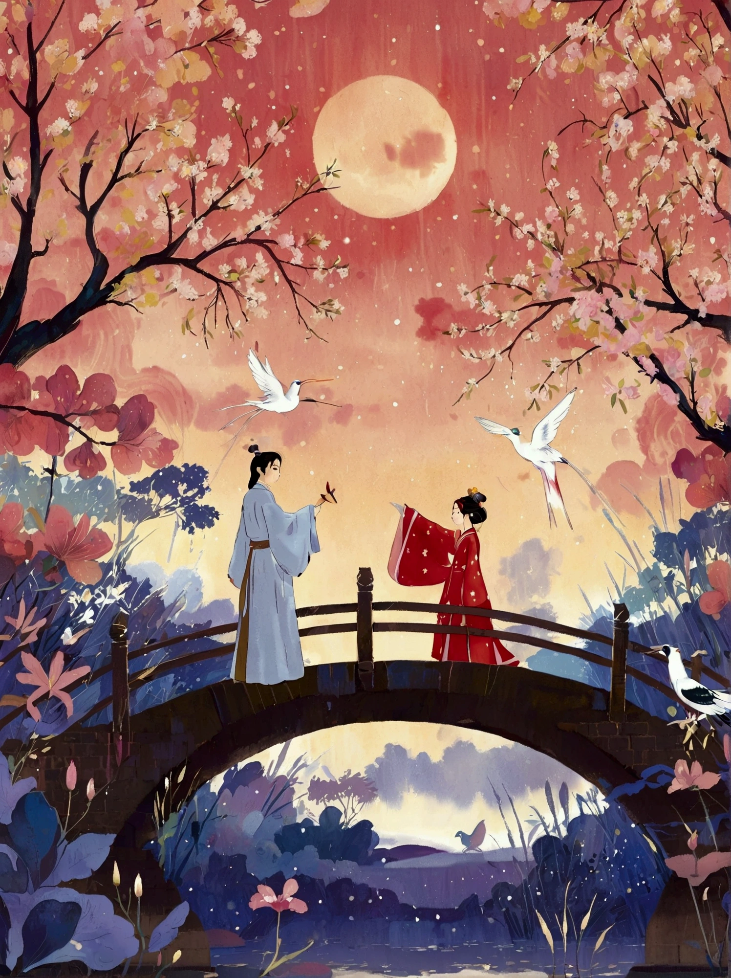  In ancient Chinese love stories, the poster depicts two people, the Cowherd and the Weaver Girl, standing on an elegant bridge with a dreamy pink and purple background. White magpies hover around them in the night sky. Surrounded by stars, creating a dreamy atmosphere. It was created in the style of Hayao Miyazaki' s anime. In the foreground, there are some flowers ahead. High definition, high detail