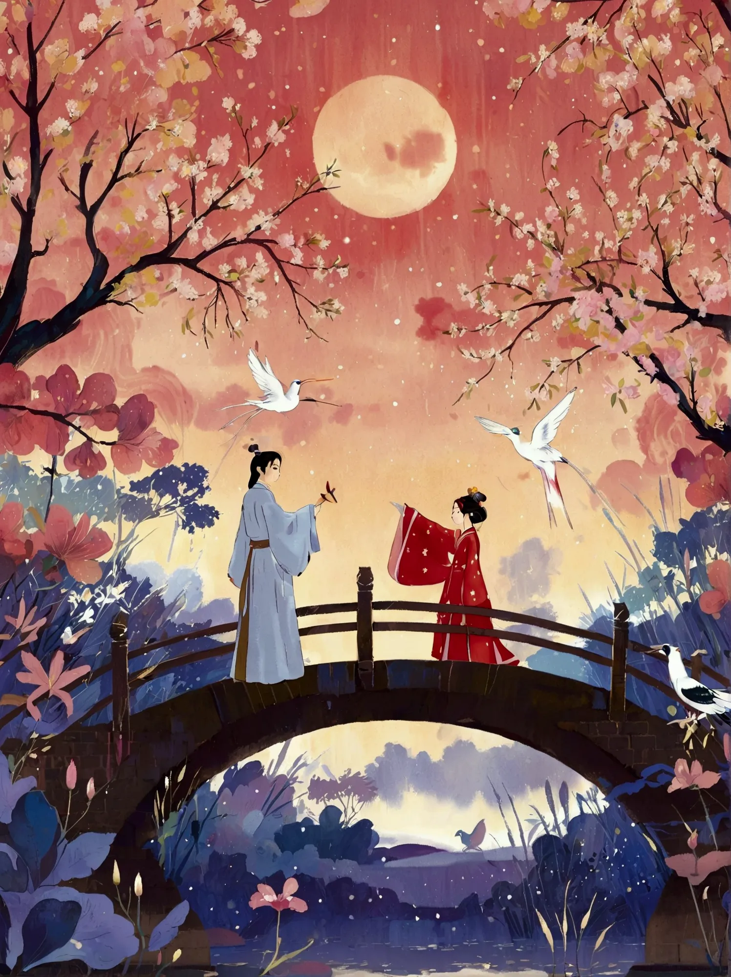 in ancient chinese love stories, the poster depicts two people, the cowherd and the weaver girl, standing on an elegant bridge w...