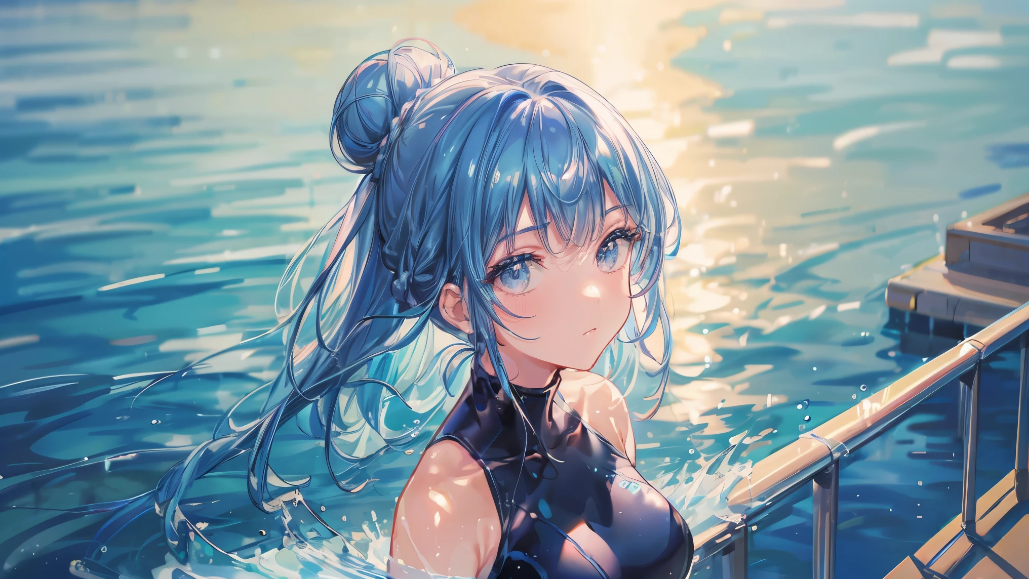 blue hair, hair bun, Impressionism, ray tracing, backlighting, masterpiece, accurate, textured skin, high details, high quality, highres, super detail, 1080P, detailed face, detailed eyes, detailed 5 fingers, Woman swimming in pool, one-piece swimsuit, Splashing water, outdoors, sunny midsummer