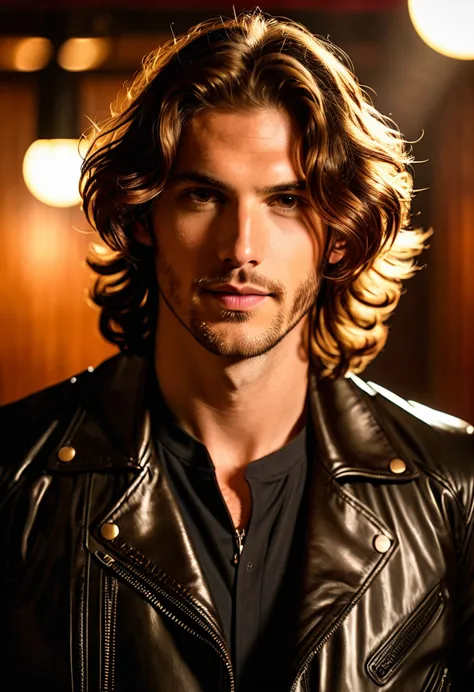 a person with wavy brown hair, with warm reflections, he is wearing a black leather jacket that shines slightly under the light....