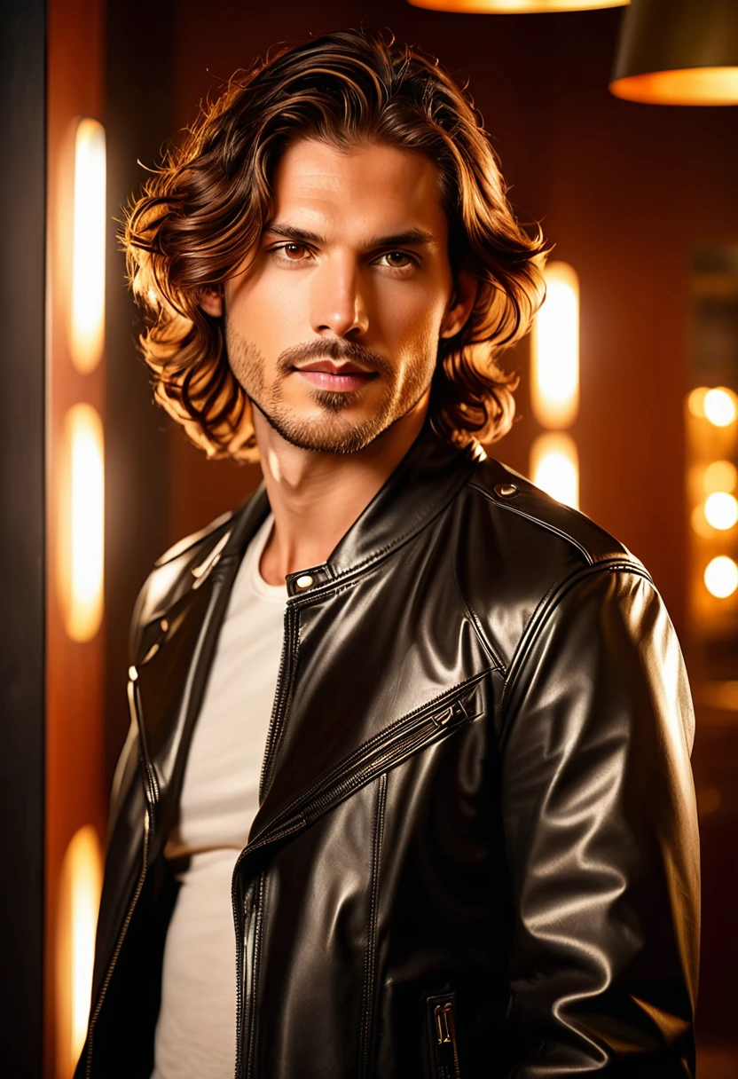 A person with wavy brown hair, with warm reflections, He is wearing a black leather jacket that shines slightly under the light.. The image is taken in an indoor environment with warm lighting. The person&#39;s face is intentionally out of focus, but one can imagine an expression of serenity and contemplation. The background is indistinct, suggesting a cozy and warm atmosphere