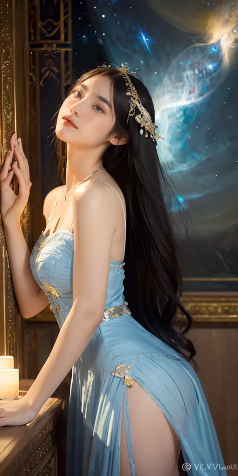 a solo beautiful princess, elegant, detailed, pretty, (rubenesque), (romanesque background), (night sky), elegant detailed dress...