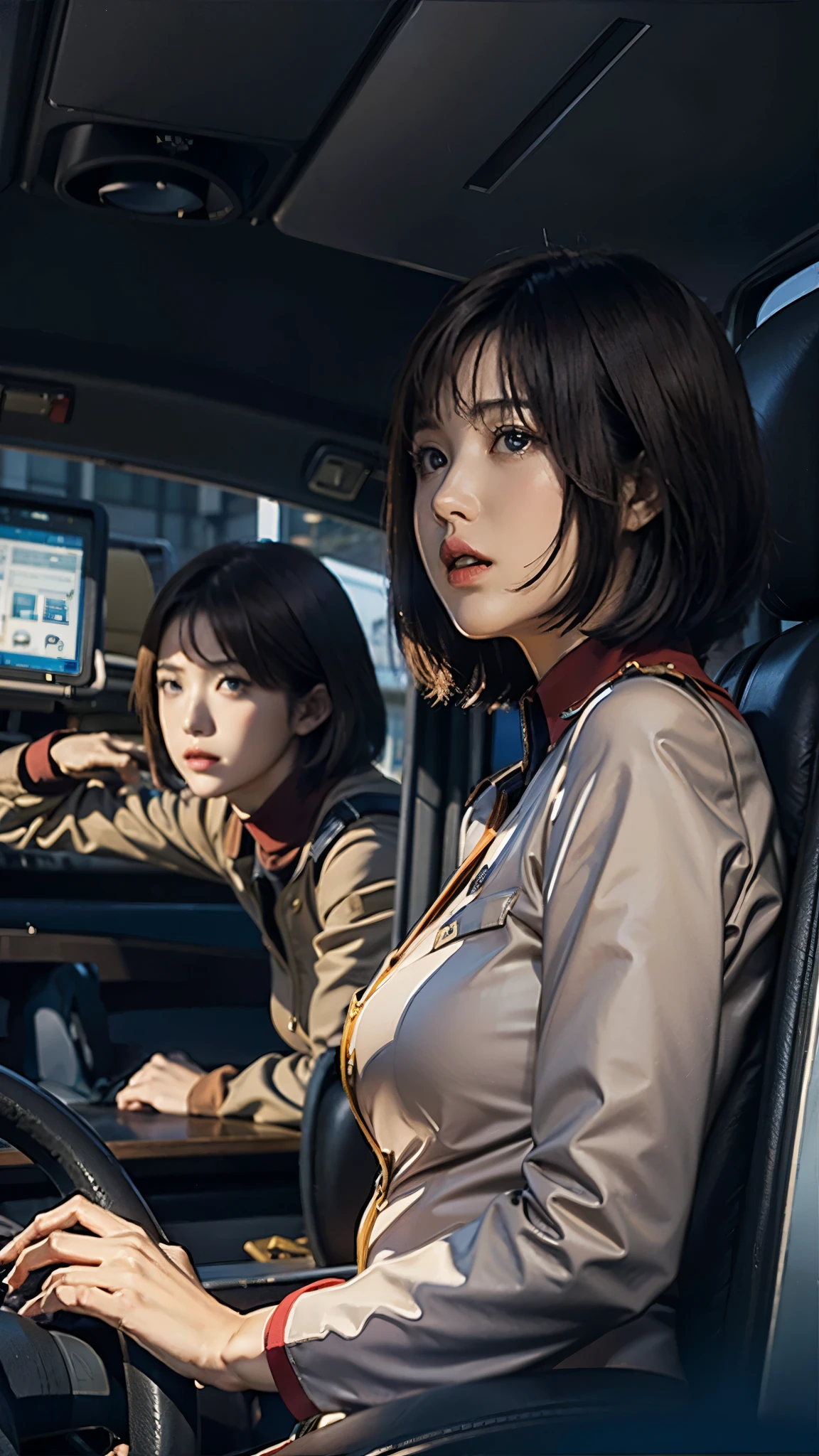 Ruriko Midorikawa、government official、uniform、One beautiful woman、solo、Upper Body、driving seat、Look up、Take the wheel。