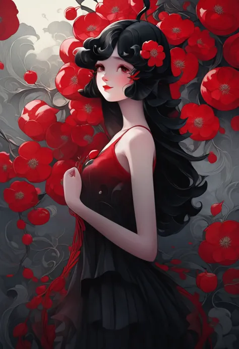 (masterpiece, best quality:1.2), 1 girl, 捧着apple，solitary,pretty face，red fatism art nouveau，illustration style，black and red，fl...