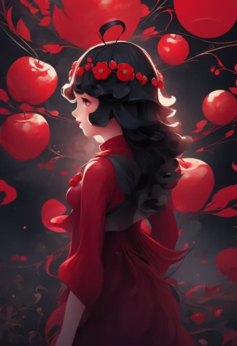 (masterpiece, best quality:1.2), 1 girl, 捧着apple，solitary,pretty face，red fatism art nouveau，illustration style，black and red，fl...