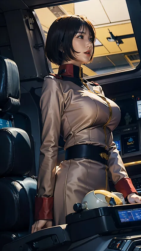 ruriko midorikawa、government official、uniform、one beautiful woman、solo、upper body、cockpit、look up、grip the control stick、large b...