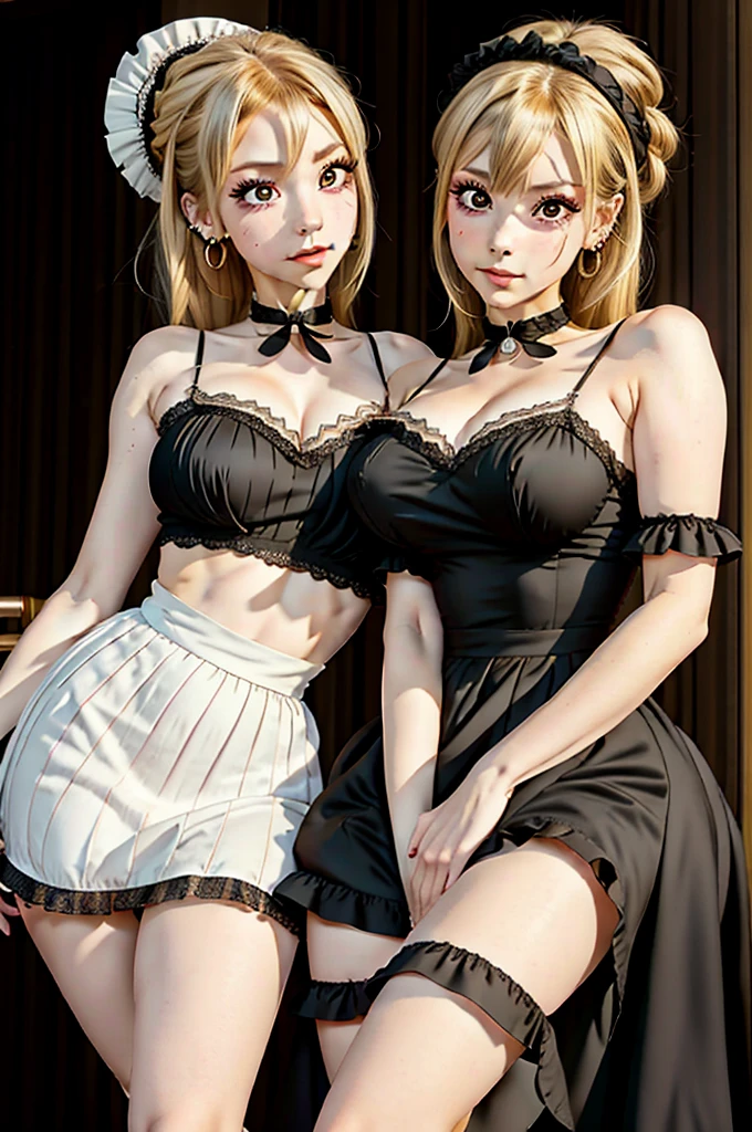 1girl, two heads, Marin Kitagawa, long hair, blonde hair, red eyes, piercing, earrings, ear piercing, stud earrings, black choker,  wrist scrunchie, long fingernails, gyaru, (maid dress:1.2), shy, maid headdress,, (masterpiece:1.2), highres, best quality, 8k, very clear,