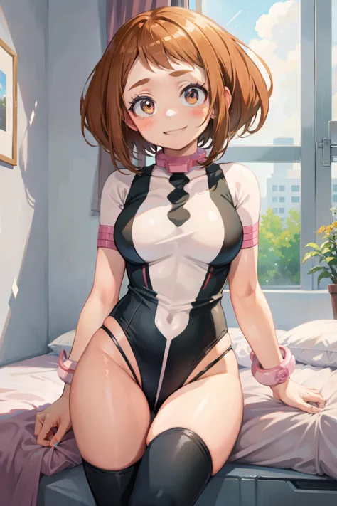 ochaco uraraka  ,1girl , anime , masterpiece  ,  smug smile ,short hair, uniforme  leotard thong  , medium  breasts , coxas , be...