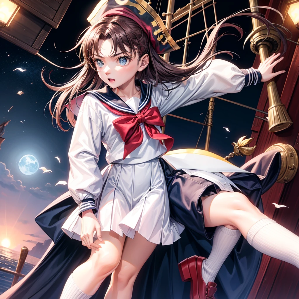 One Girl, pirate, Highest quality、Cinema Lighting、Sailor suit、Long skirt、Galleon Deck、White panties,