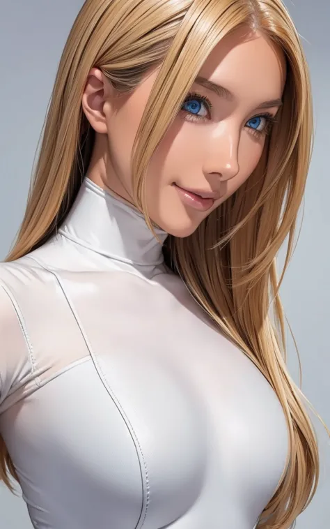 girl, smile, white bodysuit, blonde, blue eyes, hyper realistic