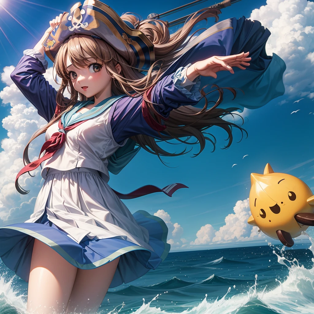 One Girl, pirate, Highest quality、Cinema Lighting、Sailor suit、Long skirt、Galleon Deck、White panties,