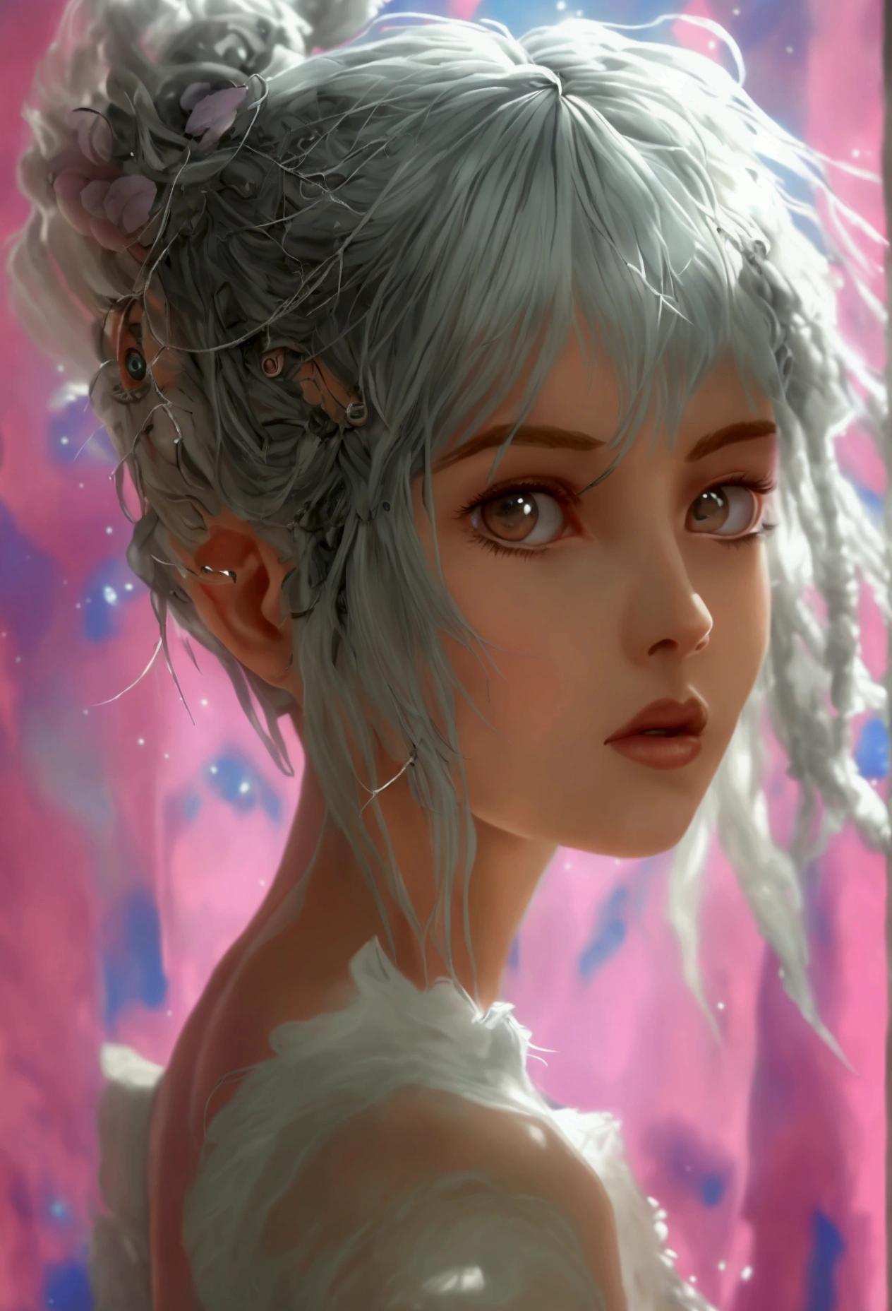 1 girl 23 old years dreadlocks, silver hair, amber eyes, excited, UHD, masterpiece, anatomically correct, super detail, high quality, high details, best quality, highres, HD, 16k, , in the style of Wes Anderson, Pastel, Modern, Ethereal,  --c 51