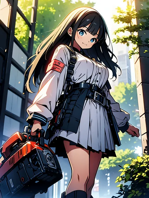 elaborate photos、high resolution、cyberpunk worldview、sailor-clad chainsaw girl solo、sailor school uniform（sailor collar、long sle...