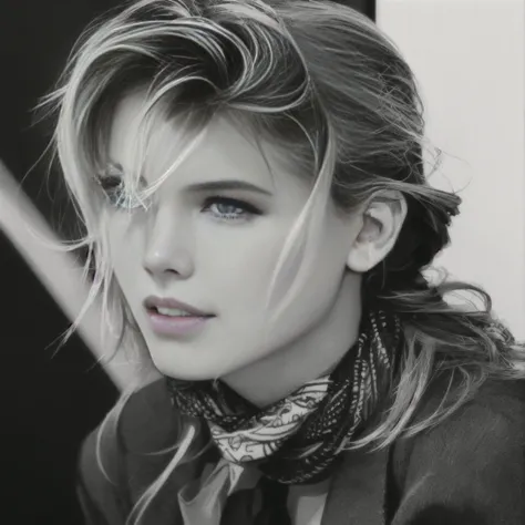 arafed image of a girl with a scarf and a tie, by herb ritts, 8 0 ’ s portrait, by stan galli, 1 9 8 0 s mullet haircut, 8 0's h...