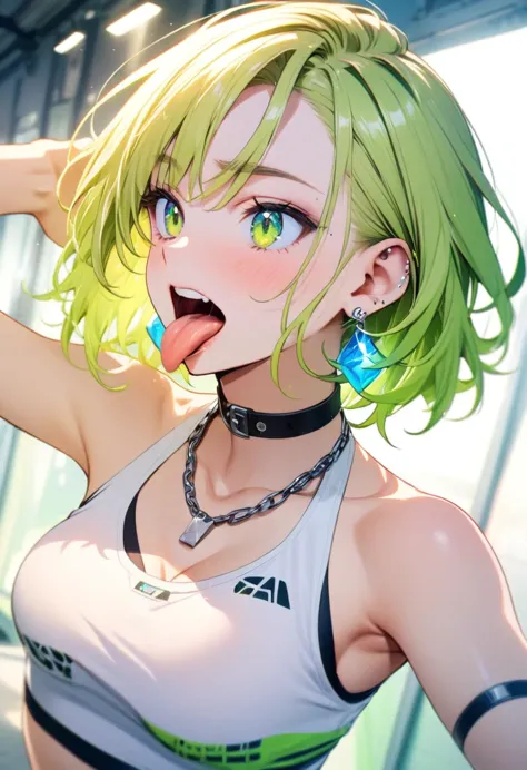 green, tongue，gal，earrings，light blue