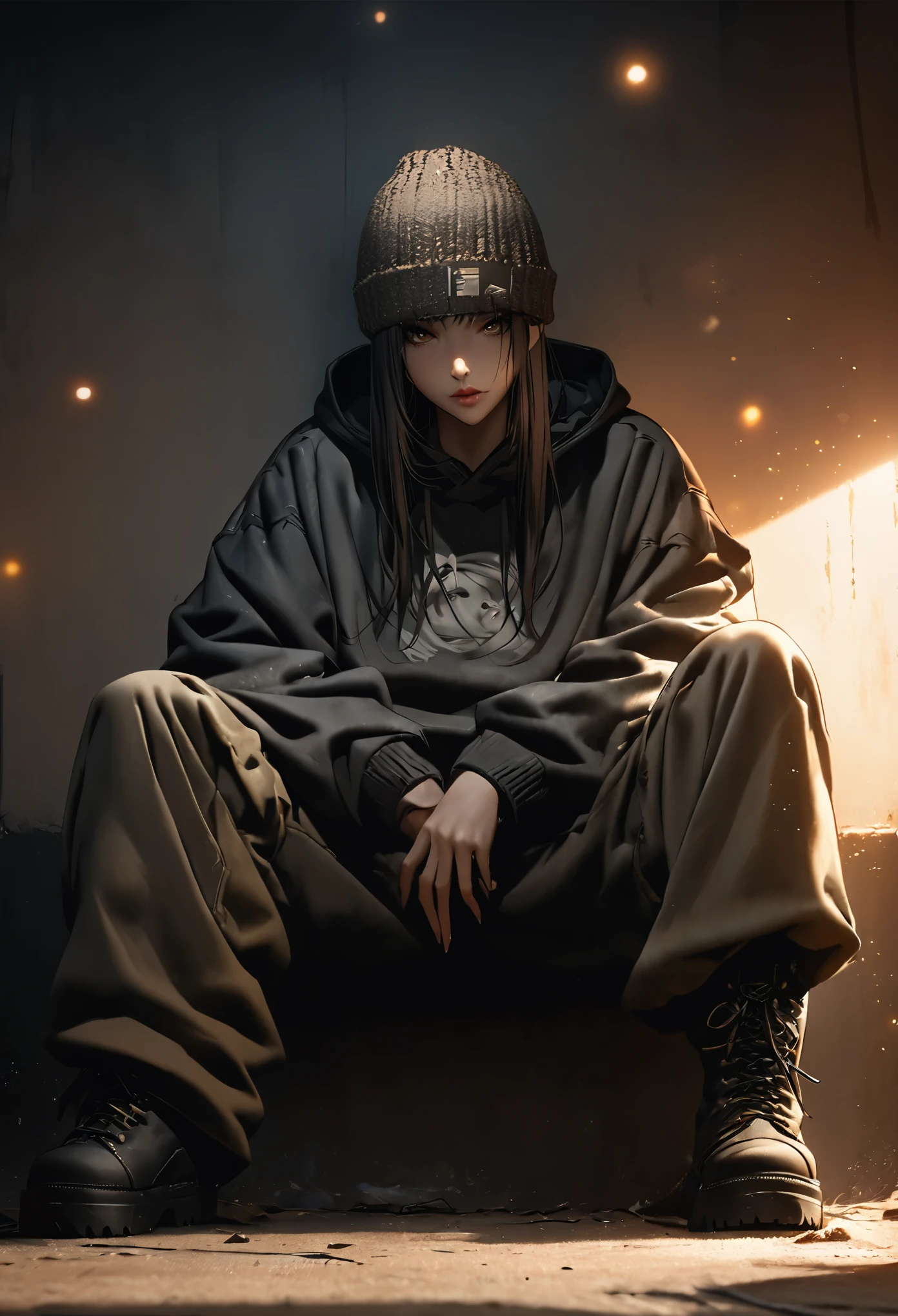 masterpiece, best quality, extremely detailed CG unity 8k wallpaper, This illustration is a very cool illustration modeled after a rapper. It looks like her face is hidden by a knitted cap. A hood is worn over a knitted hat. He wears an oversized hoodie and oversized pants. He is wearing black high-cut boots. I sit with my legs stretched out in front of a large, dirty wall. The background is a realistic dark slum. spotlight light. bokeh photography, (soft focus):1.2, out-of-focus highlights, dreamy ambiance, glowing circles, mesmerizing depth,depth of field