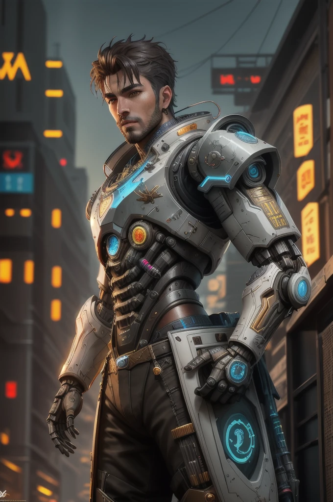 HDR photo of a handsome man, Complex cyberpunk robots, very detailed, Soft bokeh, Mooncryptowow and the Art of Popular Science 