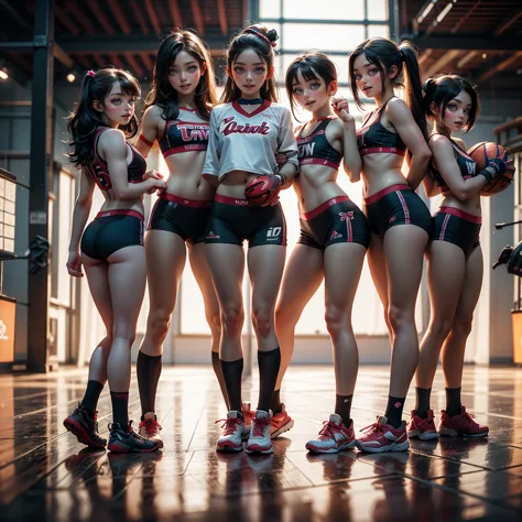 extremelydetailed (((athletes team kawaii kids in a row:1.4))), childish perfect face, reflective eyes, detailed(delicate clothi...