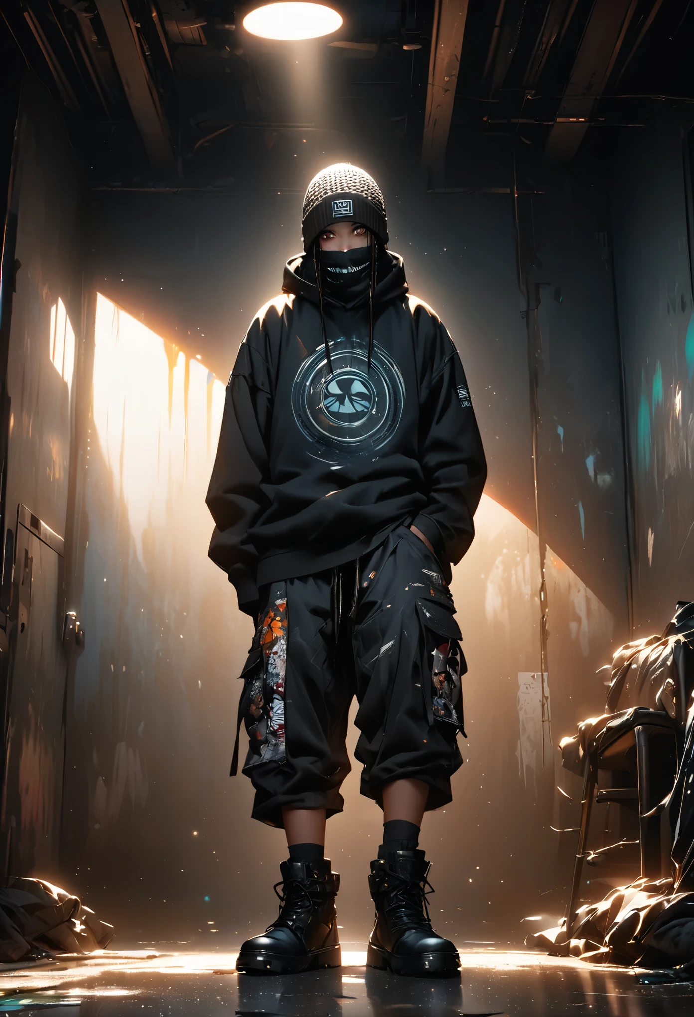 masterpiece, best quality, extremely detailed CG unity 8k wallpaper, This illustration uses a rapper as a model and is very cool. It has large, sharp eyes and a knitted cap that covers its face. A hood is worn over a knitted hat. is wearing pants. He is wearing black high-cut boots. I sit with my legs stretched out in front of a large, paint-stained wall. The background is a realistic dark slum. spotlight light. Bokeh photography, (soft) focus):1.2, out of focus highlights, dreamy atmosphere, glowing circles, mesmerizing depth, depth of field