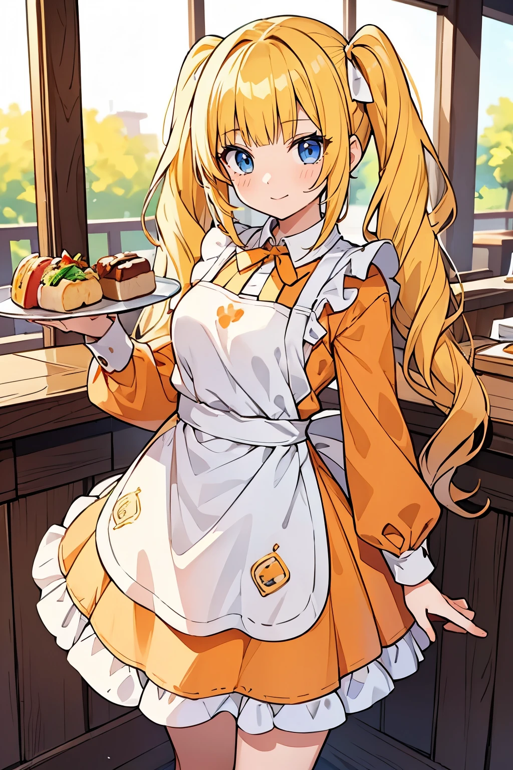 fairy_tail_style, solo, 1 girl, (young female body:1.4), (medium small breasts), golden light yellow hair, extra long wavy yellow hair, blunt bangs, crystal blue eyes, very detailed eyes, cowboy shot, detailed eyes, waitress at a restaurant, food tray, white apron, big bow, poofy orange dress under apron, sunny orange dress with a white apron, wavy long pigtails, sunny orange under dress, orange long sleeve dress, white short apron,