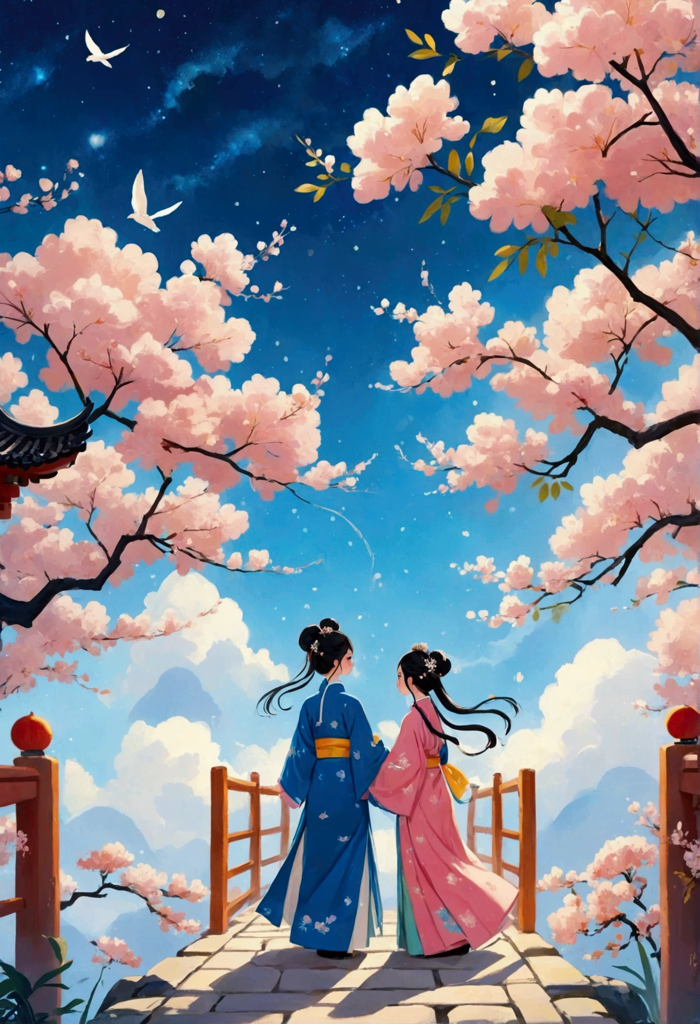 Color lead illustration，fairy tales，Hand-painted feel，exquisite，Blue sky and white clouds，warmth，Soft Light，exquisite，Healing style，HD，Surreal space，abstract，Qixi Festival，Ancient Chinese Mythology，by Amigurumi，New three-dimensional ancient style，A boy and a girl in Hanfu standing on a magpie bridge made of soft pink clouds。These clouds are fluffy and soft，As if just plucked from the sky，每一朵都有着exquisite的纹理和微微的弹性。The edge of the magpie bridge is still hung with strings of glittering pearl-like dewdrops.，About to drip。The starry sky around，Stars are not the usual sharp points of light，But each one is round and full、A ball of light woven from soft threads of light，散发着柔和而warmth的光芒，Like freshly baked marshmallows。The clothes worn by the Cowherd and the Weaver Girl are made of silk that is as light as mist.，When the wind blows，The folds of silk flow naturally like water ripples，The edges of the clothing are inlaid with fluffy white down.，Adds a bit of warmth and romance。Their hair is not a rigid line.，But a strand of silky soft、Slightly curly filaments，As if I could feel the gentle breeze。