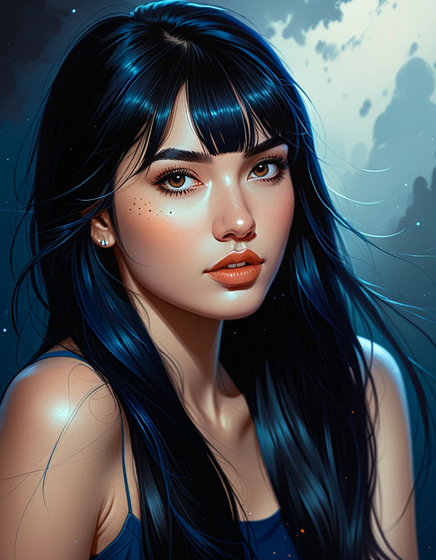 a 22yo woman with long black hair, in the style of charlie bowater, dark blue and dark black,realistic color palette, soft-focused realism,black hair, long hair, blunt bangs