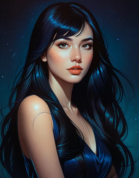 a 22yo woman with long black hair, in the style of charlie bowater, dark blue and dark black,realistic color palette, soft-focus...