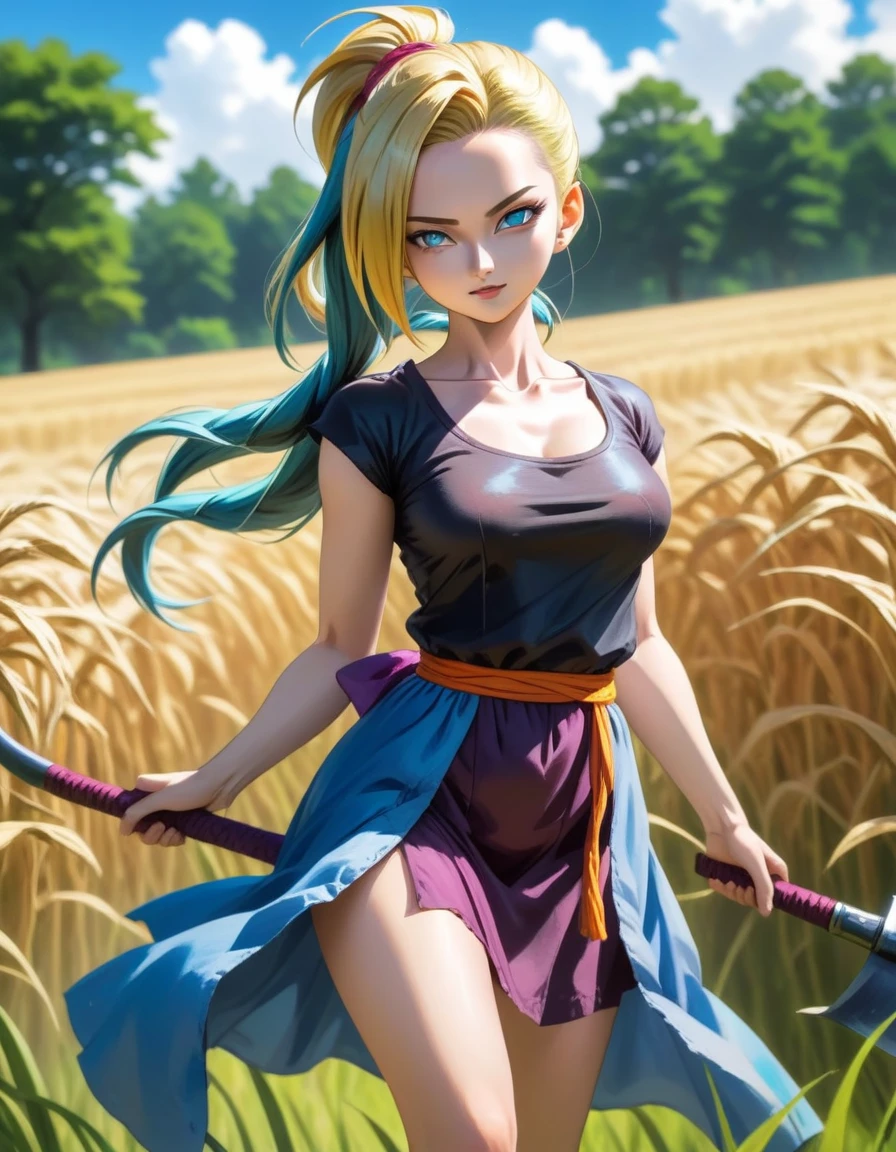 em anime DBZ Jinx Arcane lol com muitas borboletas clad in traditional Slavic attire, wielding a scythe as she mows through a vibrant black e borboletas field under the high summer sun, captured in a cinematic anime scene, shadows cast directly beneath her, e muitas borboletas sun-filled, colorful realism, modularity, photo realistic, ultra high quality details, great attention to the body and face, UHD, 8K , Watercolor, trending on artstation, sharp focus, studio photo