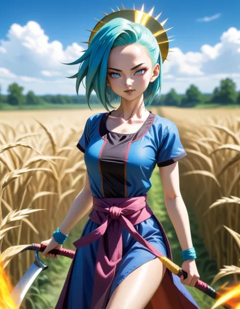 em anime dbz jinx arcane lol com muitas borboletas clad in traditional slavic attire, wielding a scythe as she mows through a vi...