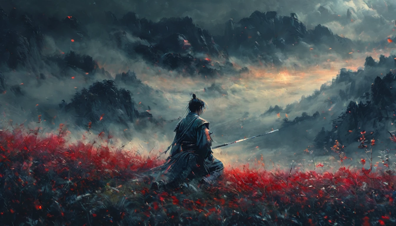 a young man kneeling in a flowery meadow, samurai, night, shining red moon, torn sword, long exposure, highly detailed, 8k, photorealistic, masterpiece, studio lighting, dramatic lighting, cinematic, moody atmosphere, vibrant colors, lush nature, intricate details