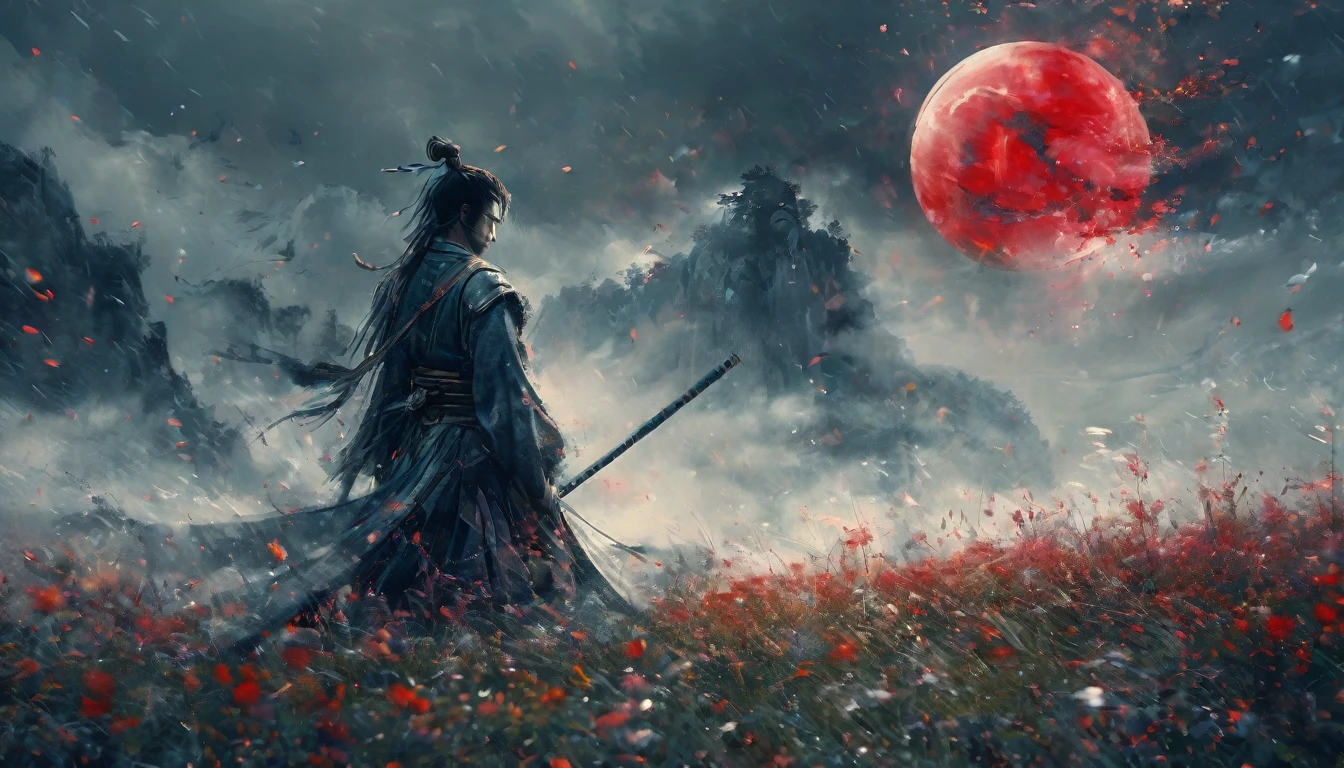 a young man kneeling in a flowery meadow, samurai, night, shining red moon, torn sword, long exposure, highly detailed, 8k, photorealistic, masterpiece, studio lighting, dramatic lighting, cinematic, moody atmosphere, vibrant colors, lush nature, intricate details