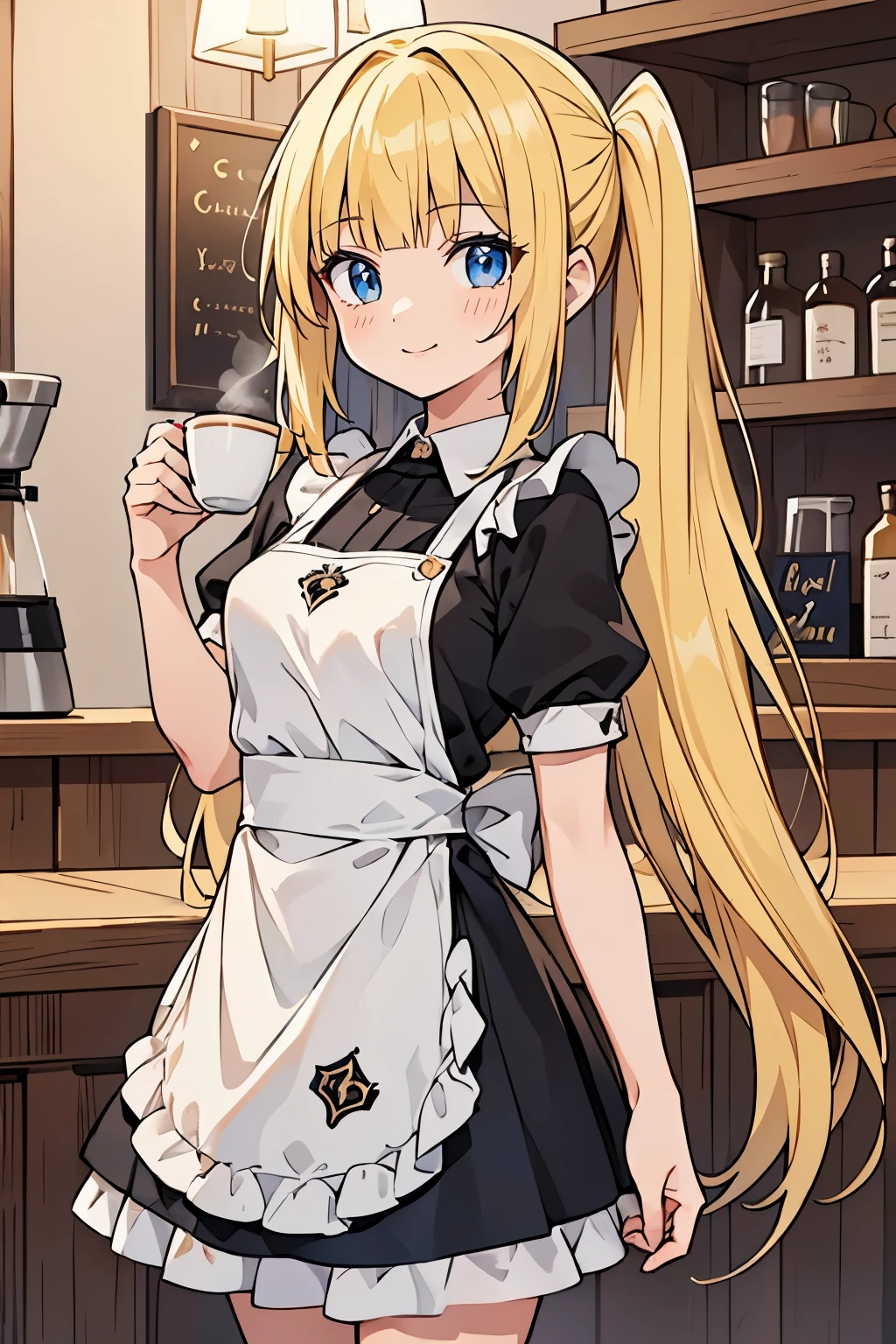 fairy_tail_style, solo, 1 girl, (young female body:1.4), (medium small breasts), golden yellow hair, extra long hair, blunt bangs, crystal blue eyes, very detailed eyes, cowboy shot, detailed eyes, barista, coffe shop, coffee, black apron, uniform, happy, half pigtails