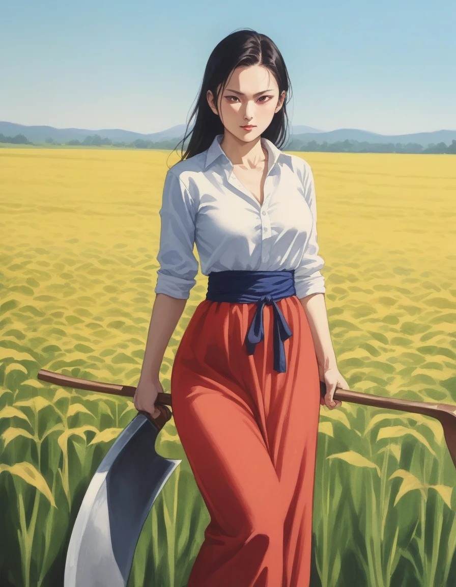 em anime DBZ sarada + Arlequina sexy sensual Boody slim delicado, clad in traditional Slavic attire, wielding a scythe as she mows through a vibrant red e borboletas field under the high summer sun, captured in a cinematic anime scene, shadows cast directly beneath her, e muitas borboletas sun-filled, colorful realism, modularity, photo realistic, ultra high quality details, great attention to the body and face, UHD, 8K , Watercolor, trending on artstation, sharp focus, studio photo