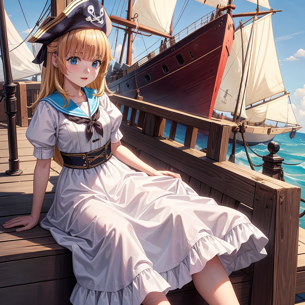 One Girl（８age）, pirate, Highest quality、Cinema Lighting、Sailor suit、Long skirt、 sailboat（Galleon）On the mast、White panties,